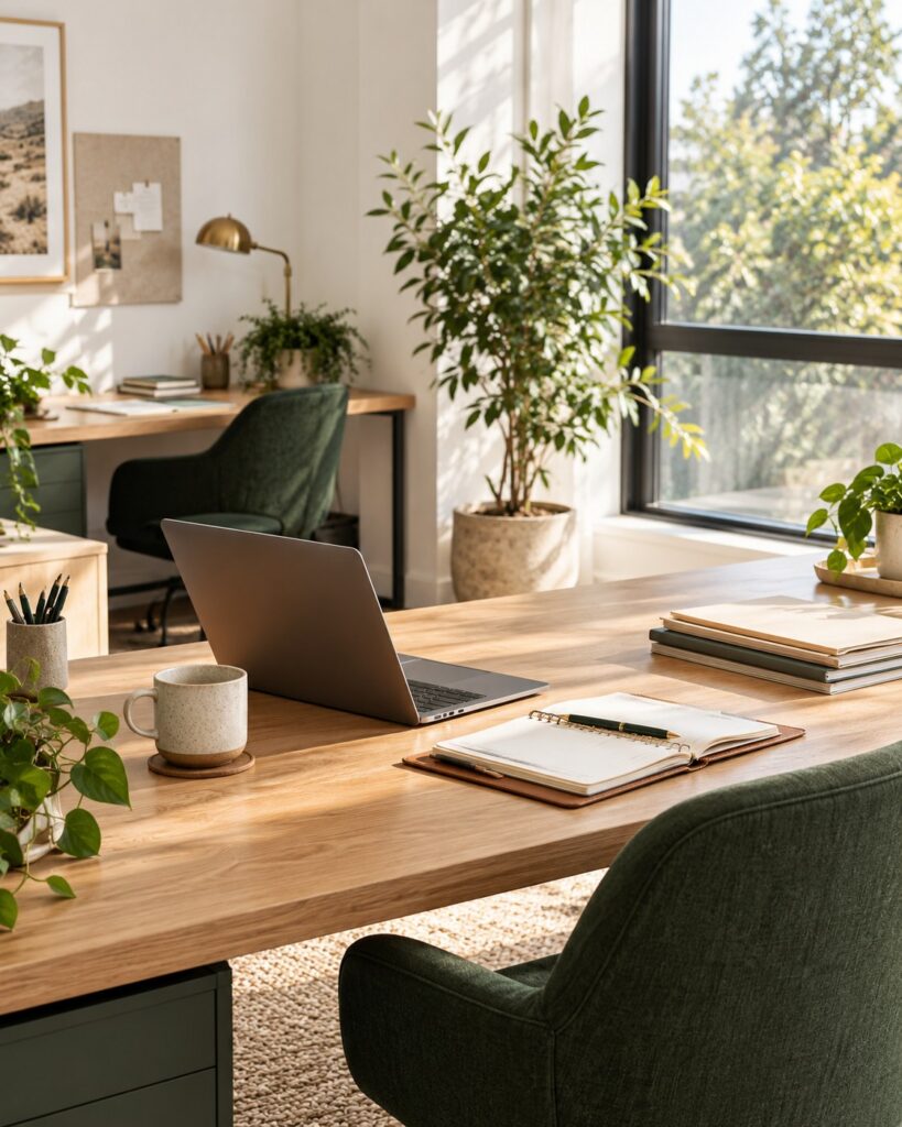 A bright, organised workspace with a laptop, notebook and green chairs