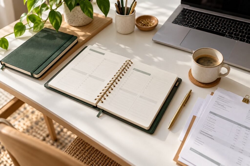 An organised desk with a planner, green notebook, laptop and coffee in natural daylight.