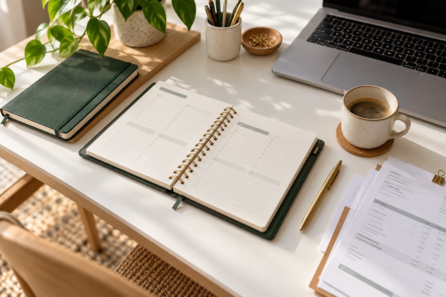 An organised desk with a planner, green notebook, laptop and coffee in natural daylight.